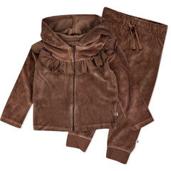 2-Piece Ruffle Velour Zip Up Hoodie and Sweatpant Set