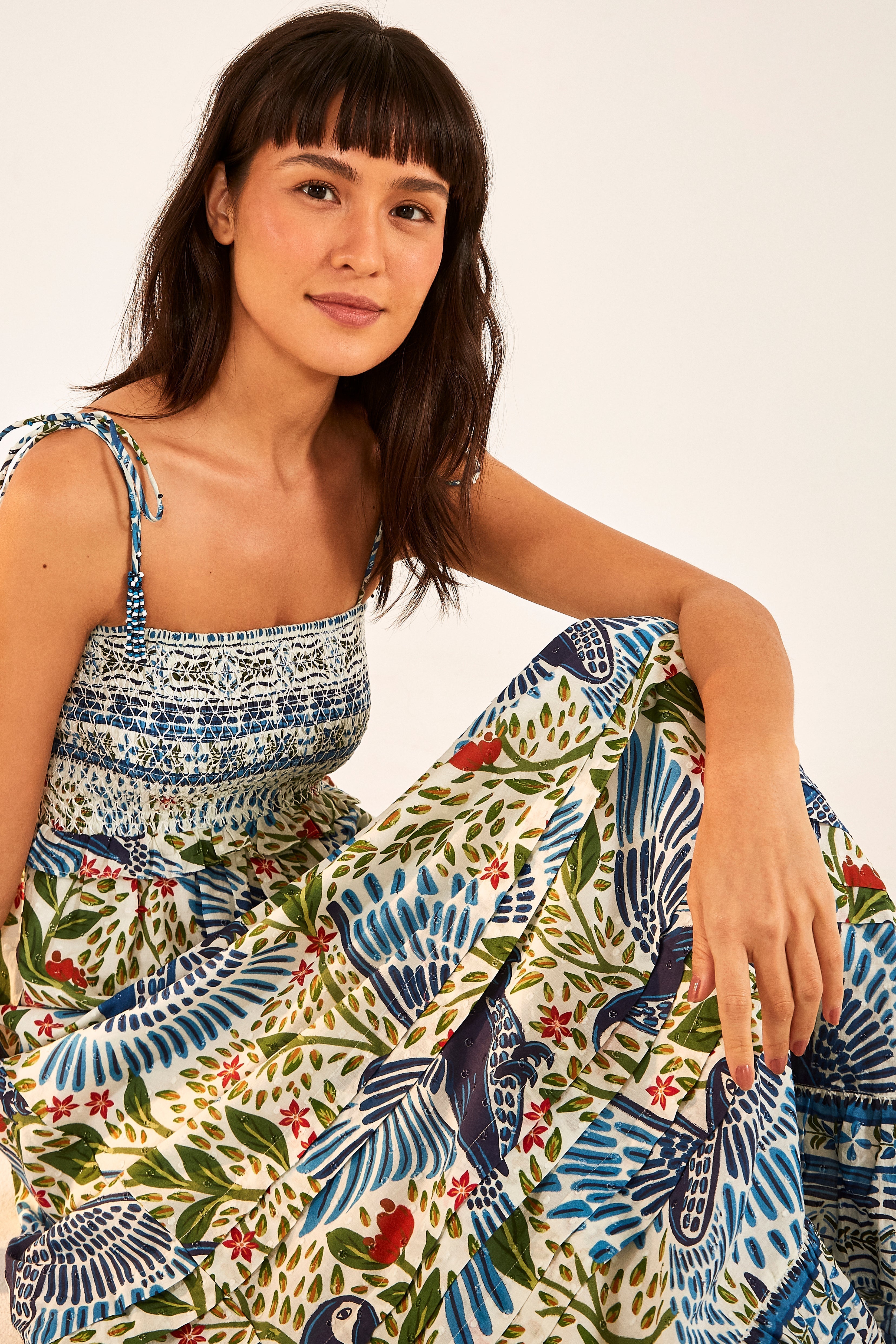 Off White Macaw Flight Smocked Maxi Dress