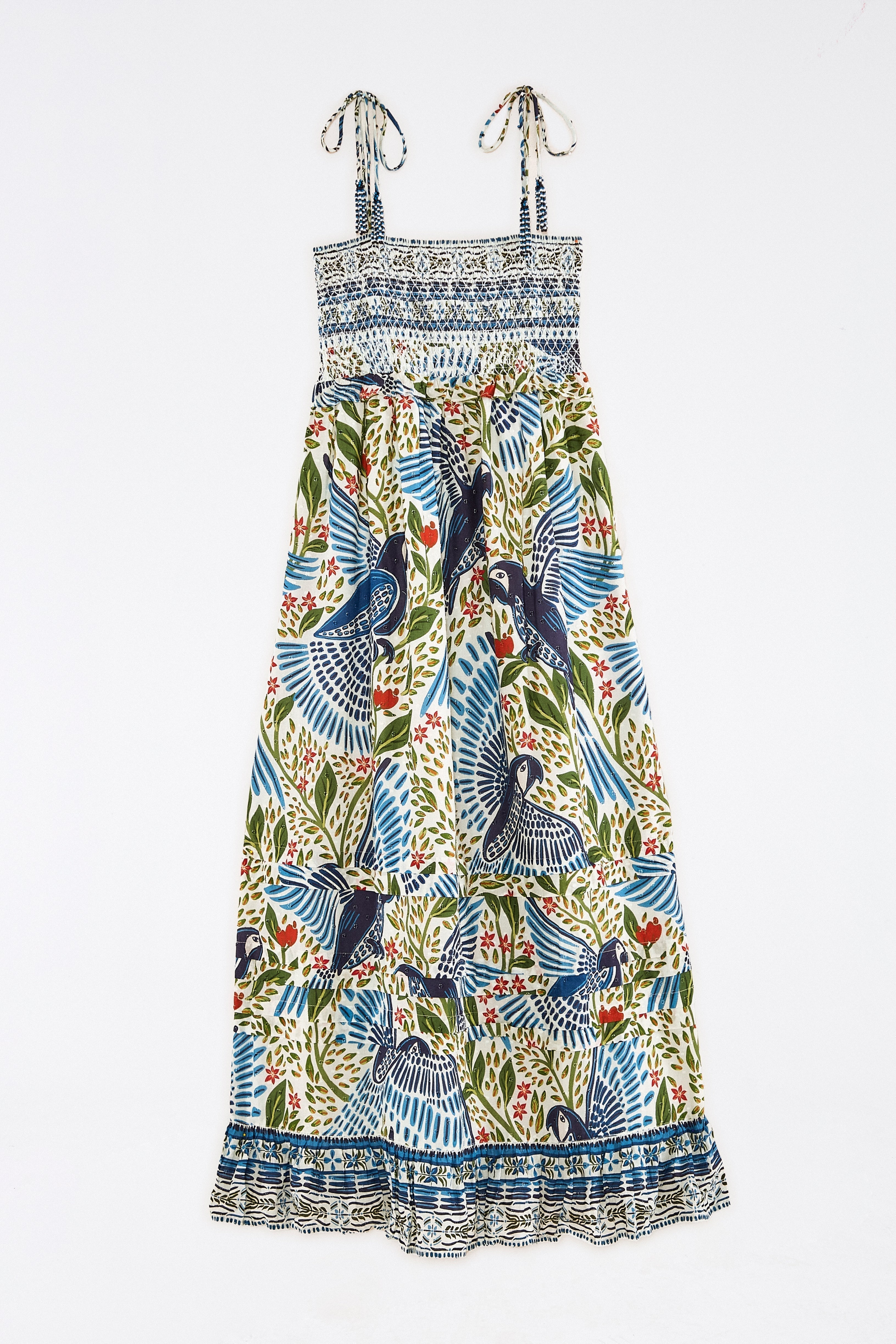Off White Macaw Flight Smocked Maxi Dress