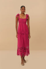 Pink Daisy Embroidered Sleeveless Midi Dress