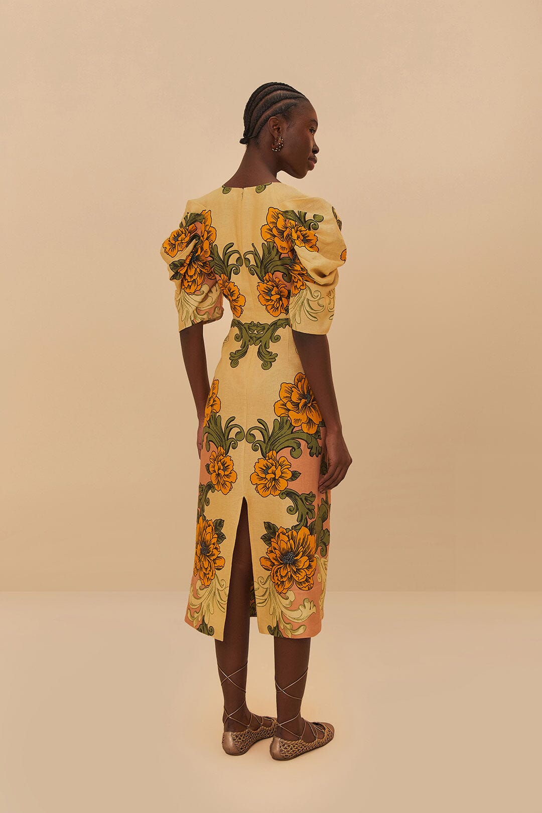 Cream Delicate Flower Arabesques Euroflax™ Premium Linen Midi Dress