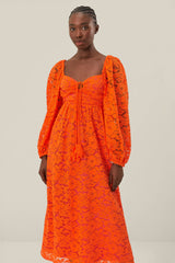 Orange Lace Long Sleeve Midi Dress