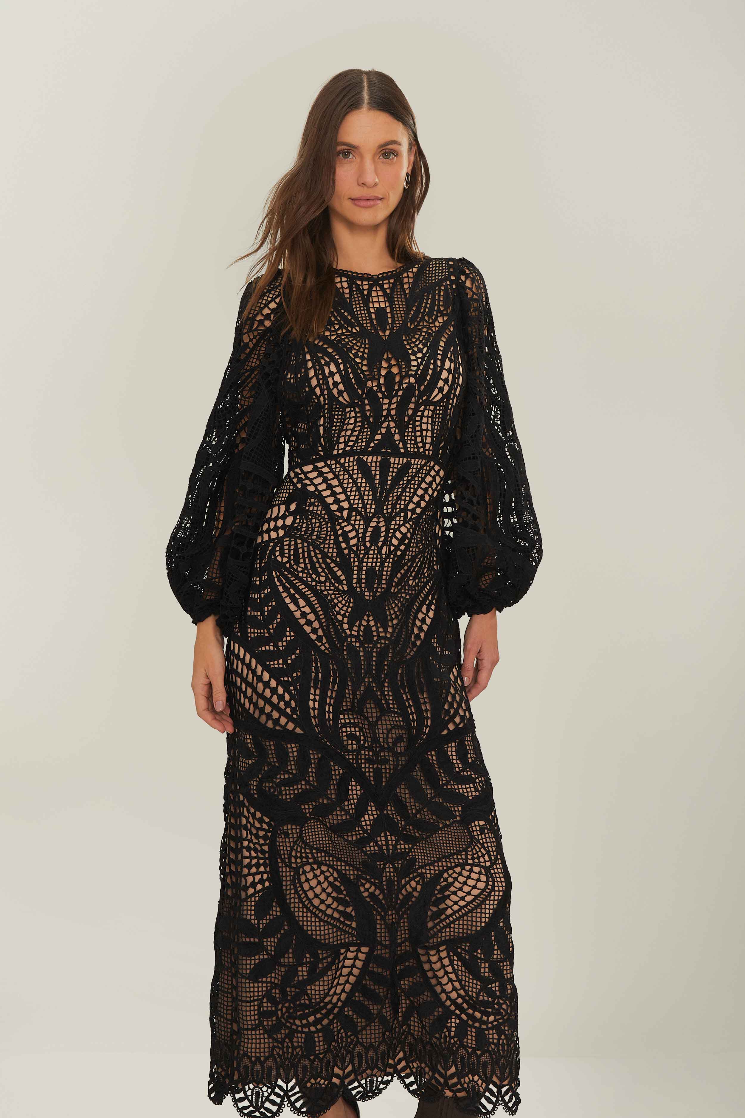 Black Nature Guipure Midi Dress