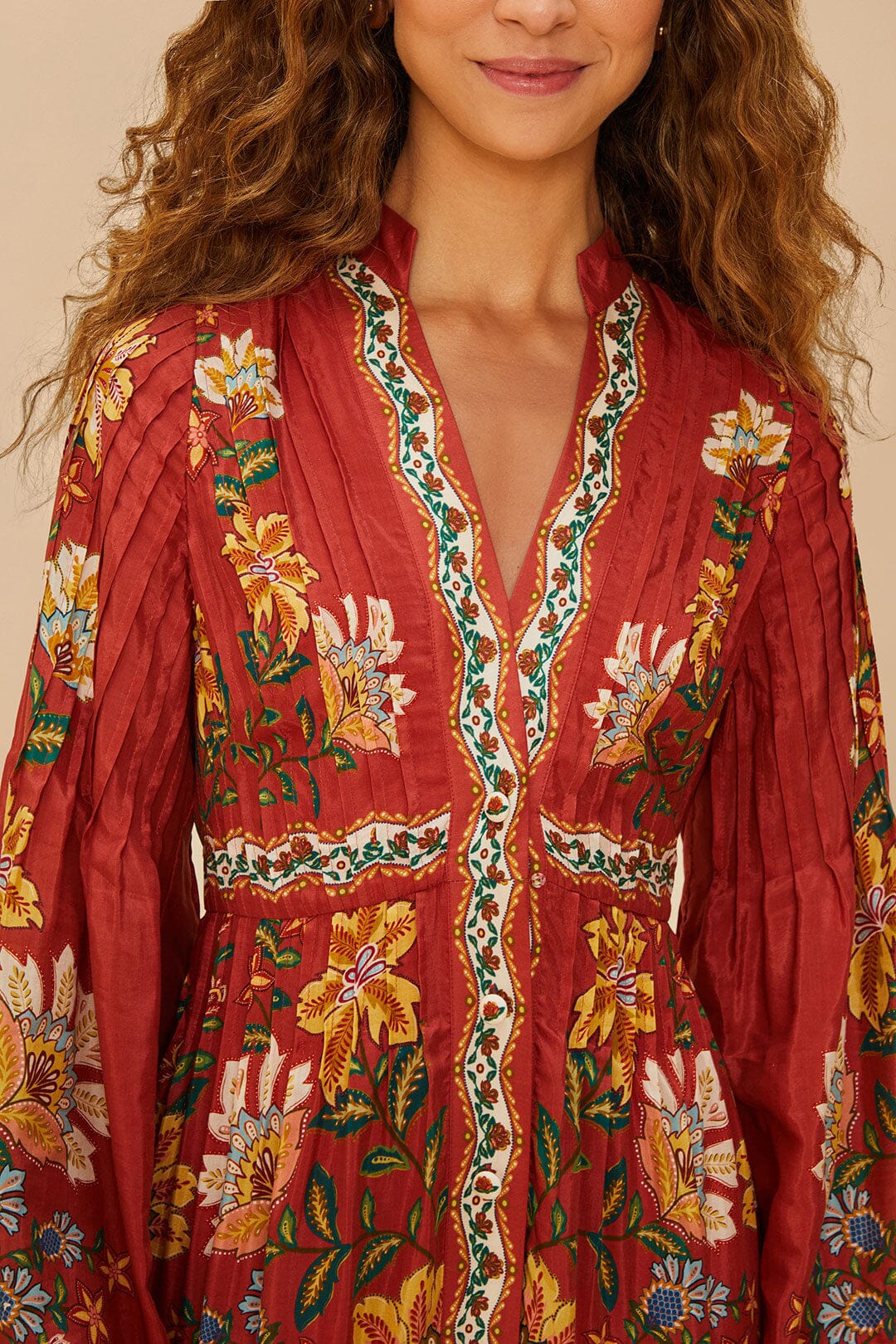 Red Garden Delight Long Sleeve Midi Dress
