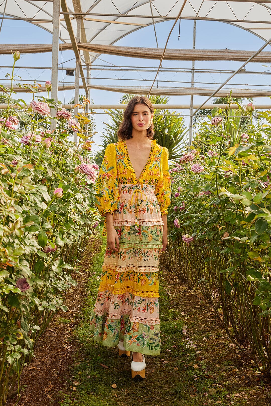 Mixed Delicate Flowers Long Sleeve Maxi Dress