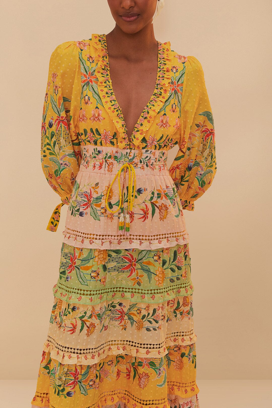 Mixed Delicate Flowers Long Sleeve Maxi Dress