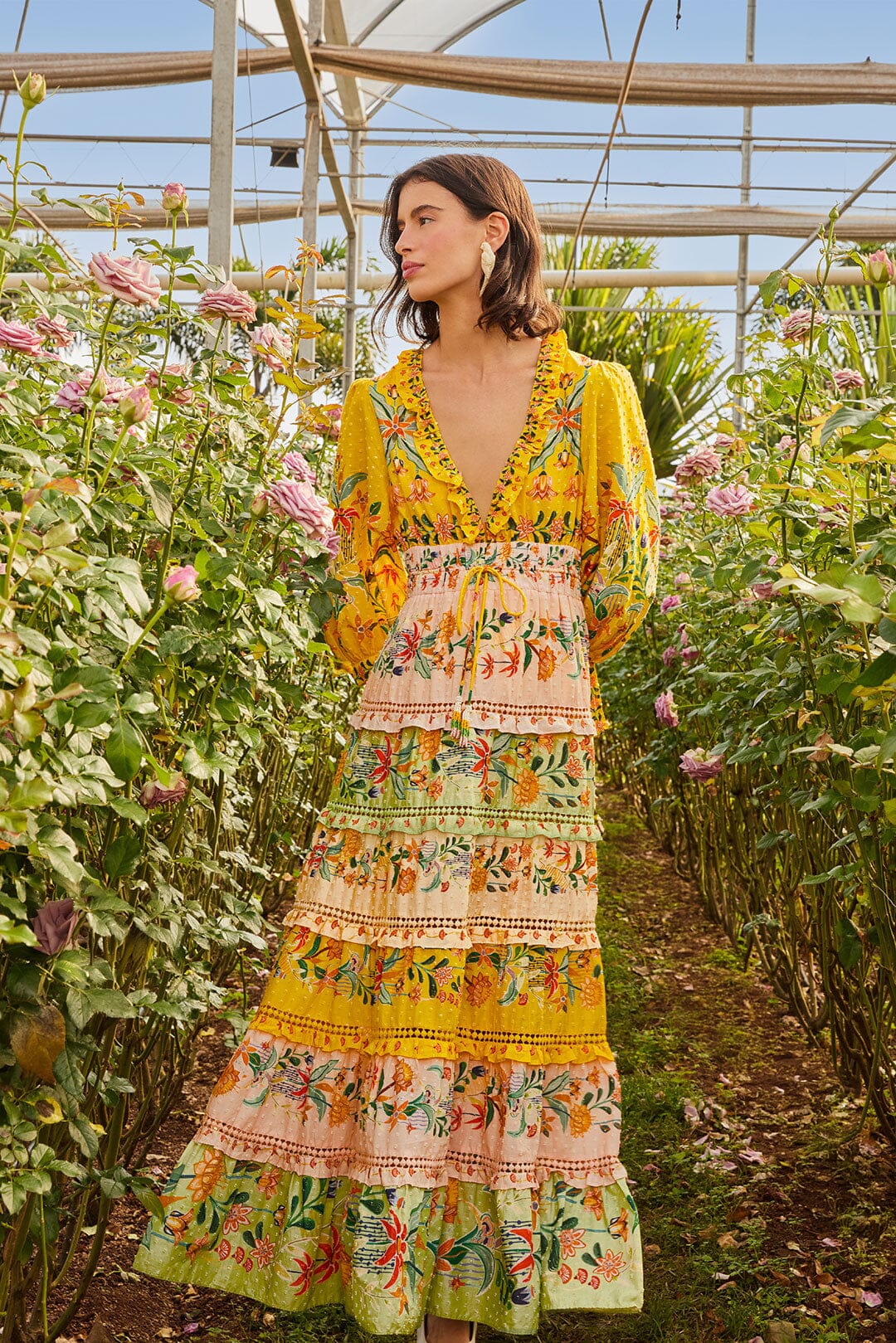 Mixed Delicate Flowers Long Sleeve Maxi Dress
