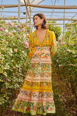 Mixed Delicate Flowers Long Sleeve Maxi Dress