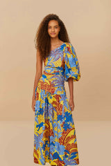 Yellow Jungle Panther One-Shoulder Midi Dress
