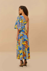 Yellow Jungle Panther One-Shoulder Midi Dress