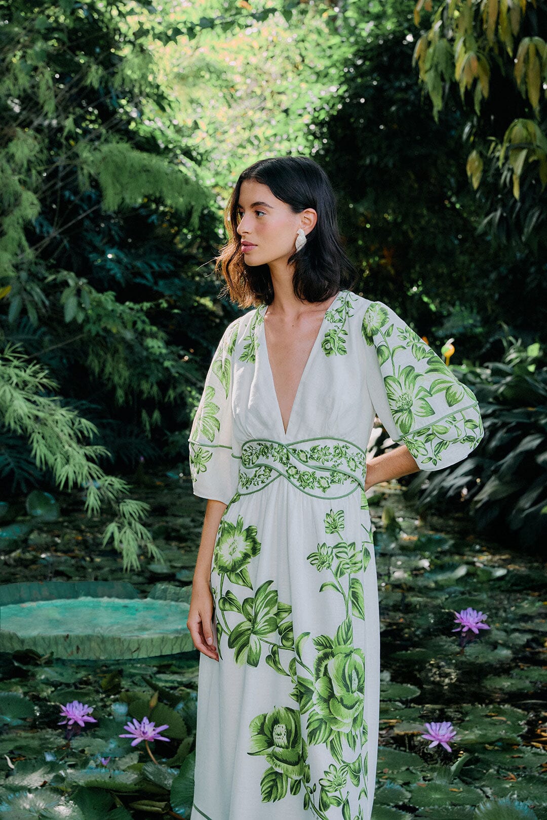 Off-White Green Floral Cascade LENZING™ ECOVERO™ Euroflax™ Midi Dress