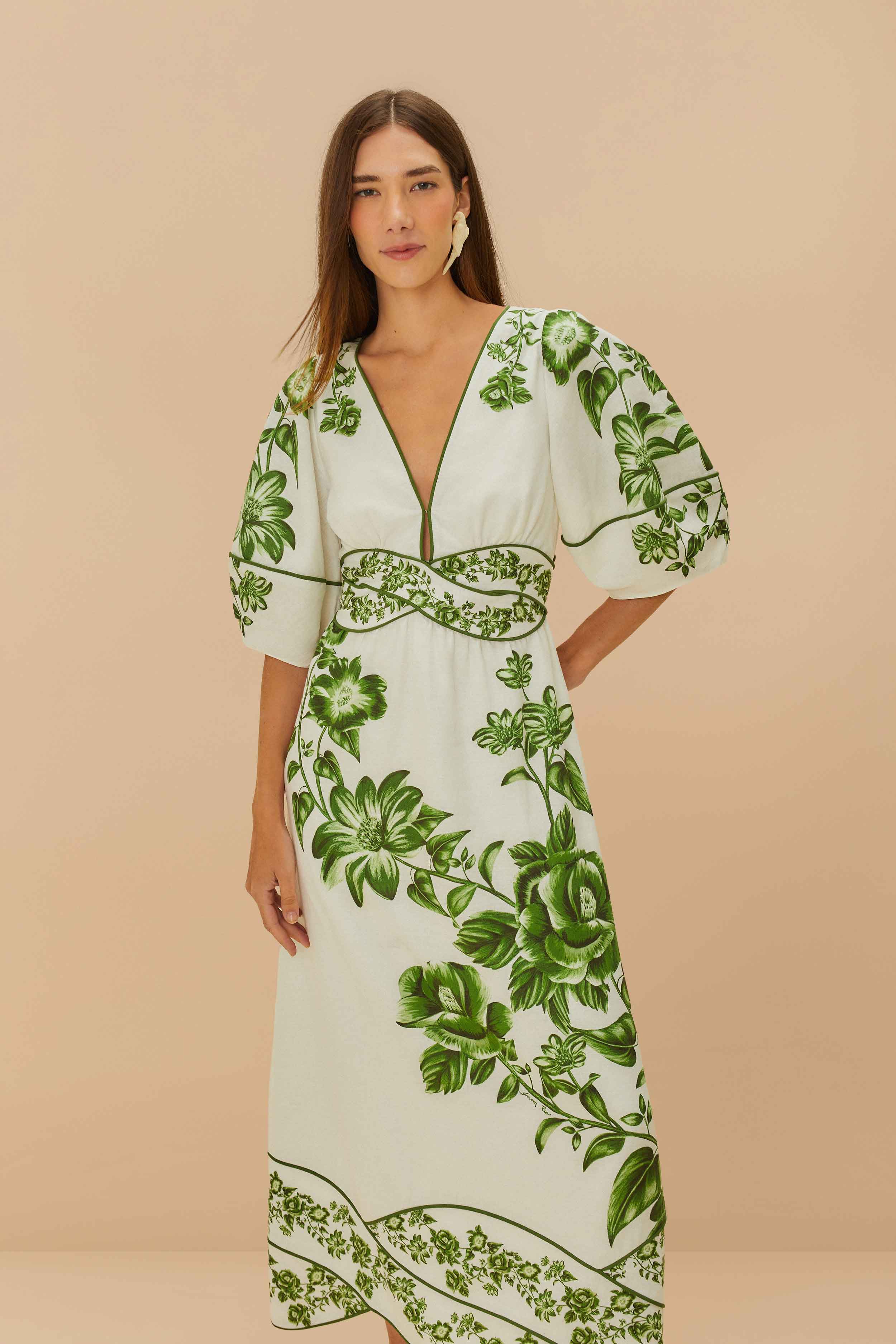 Off-White Green Floral Cascade LENZING™ ECOVERO™ Euroflax™ Midi Dress