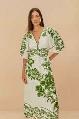 Off-White Green Floral Cascade LENZING™ ECOVERO™ Euroflax™ Midi Dress