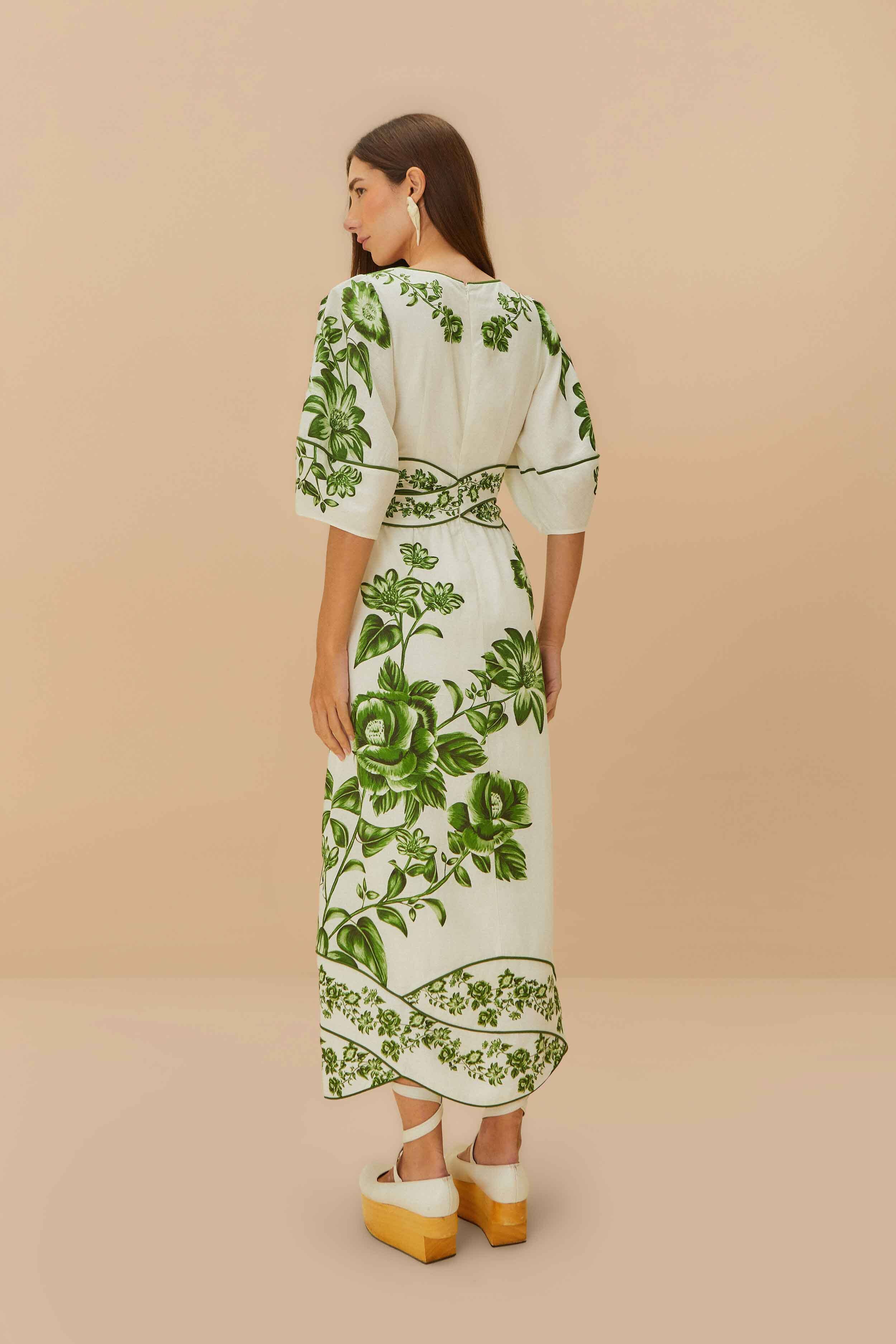 Off-White Green Floral Cascade LENZING™ ECOVERO™ Euroflax™ Midi Dress