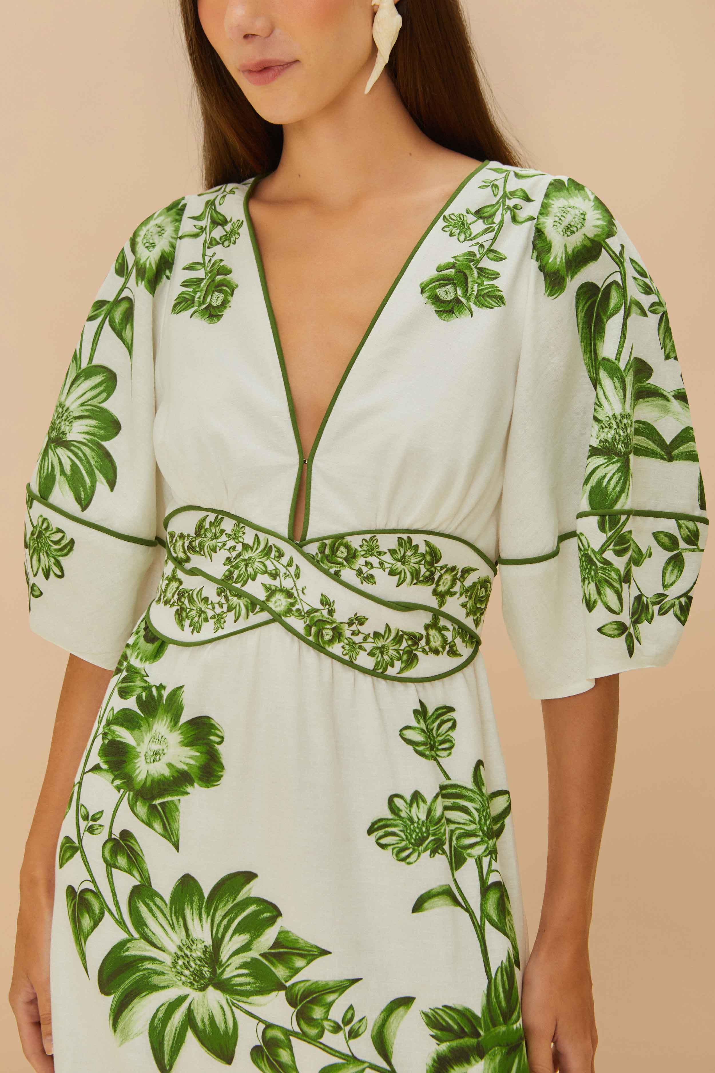 Off-White Green Floral Cascade LENZING™ ECOVERO™ Euroflax™ Midi Dress