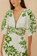 Off-White Green Floral Cascade LENZING™ ECOVERO™ Euroflax™ Midi Dress