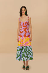 Mixed Tropical Swing Sleeveless Midi Dress