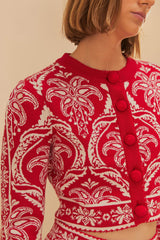 Red Tropical Jacquard Knit Cardigan
