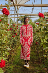 Red Tropical Jacquard Knit Cardigan