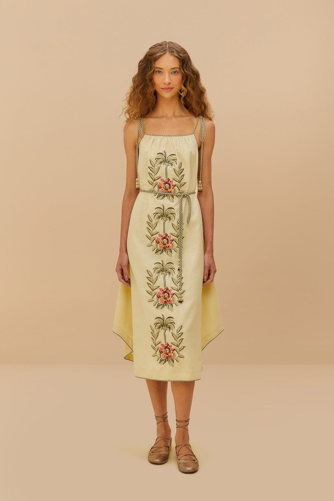 Sand Tropical Flower Embroidered LENZING™ ECOVERO™ Euroflax™ Maxi Dress