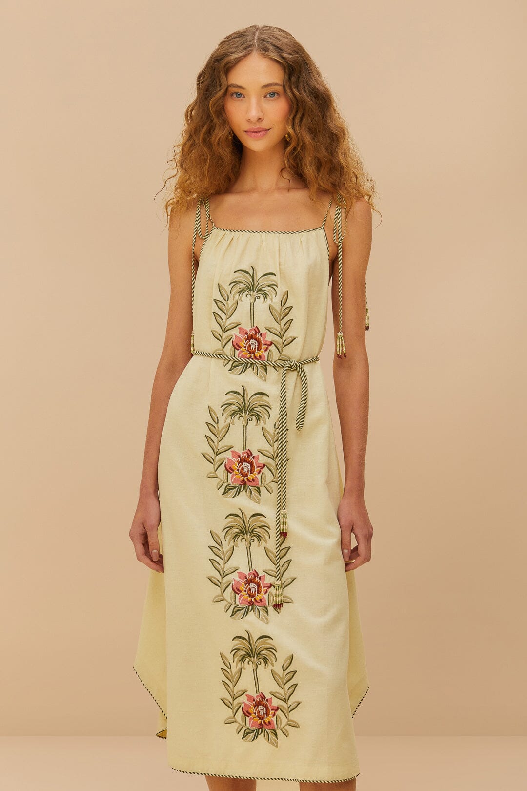Sand Tropical Flower Embroidered LENZING™ ECOVERO™ Euroflax™ Maxi Dress