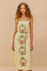 Sand Tropical Flower Embroidered LENZING™ ECOVERO™ Euroflax™ Maxi Dress