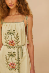 Sand Tropical Flower Embroidered LENZING™ ECOVERO™ Euroflax™ Maxi Dress