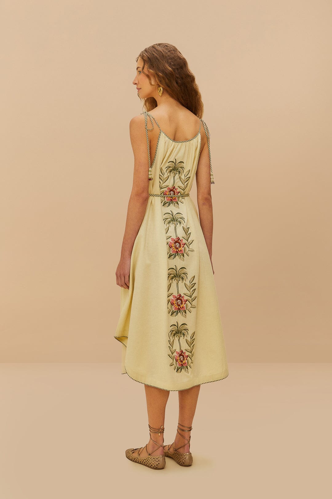 Sand Tropical Flower Embroidered LENZING™ ECOVERO™ Euroflax™ Maxi Dress