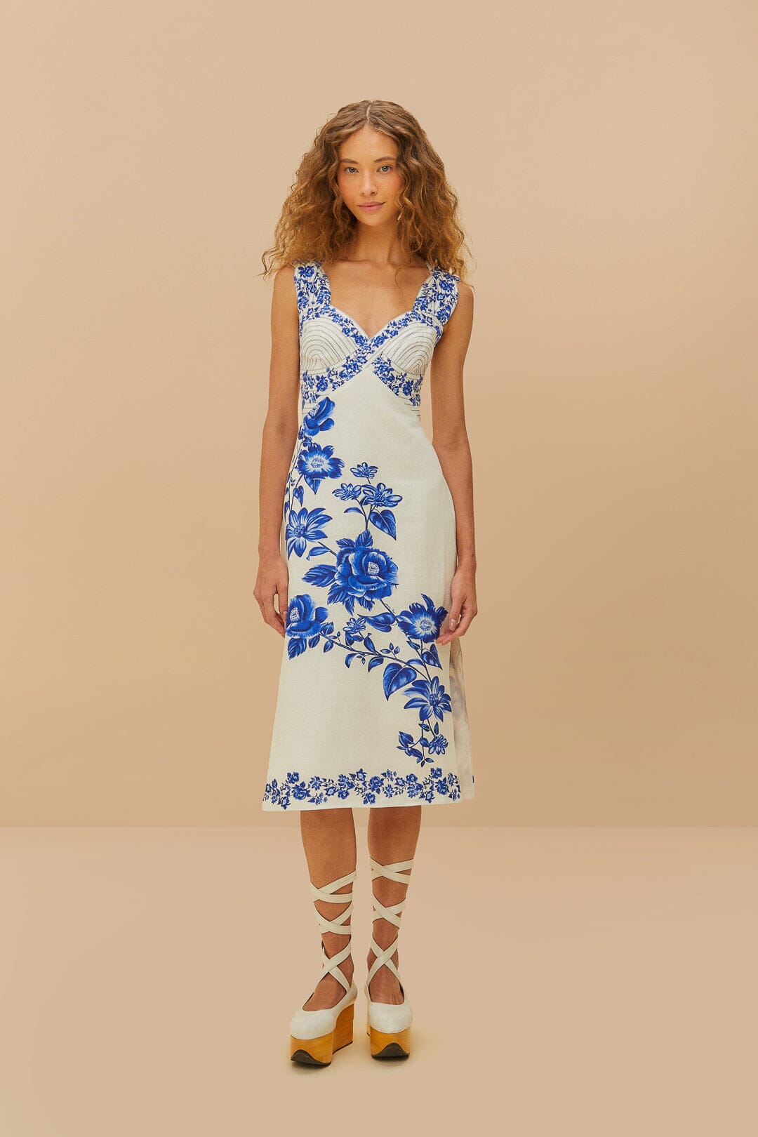 Off-White Floral Cascade Wavy Euroflax™ Premium Linen Midi Dress