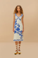 Off-White Floral Cascade Wavy Euroflax™ Premium Linen Midi Dress