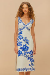 Off-White Floral Cascade Wavy Euroflax™ Premium Linen Midi Dress