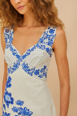Off-White Floral Cascade Wavy Euroflax™ Premium Linen Midi Dress