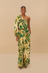 Beige Tropical Isla One-Shoulder Jumpsuit