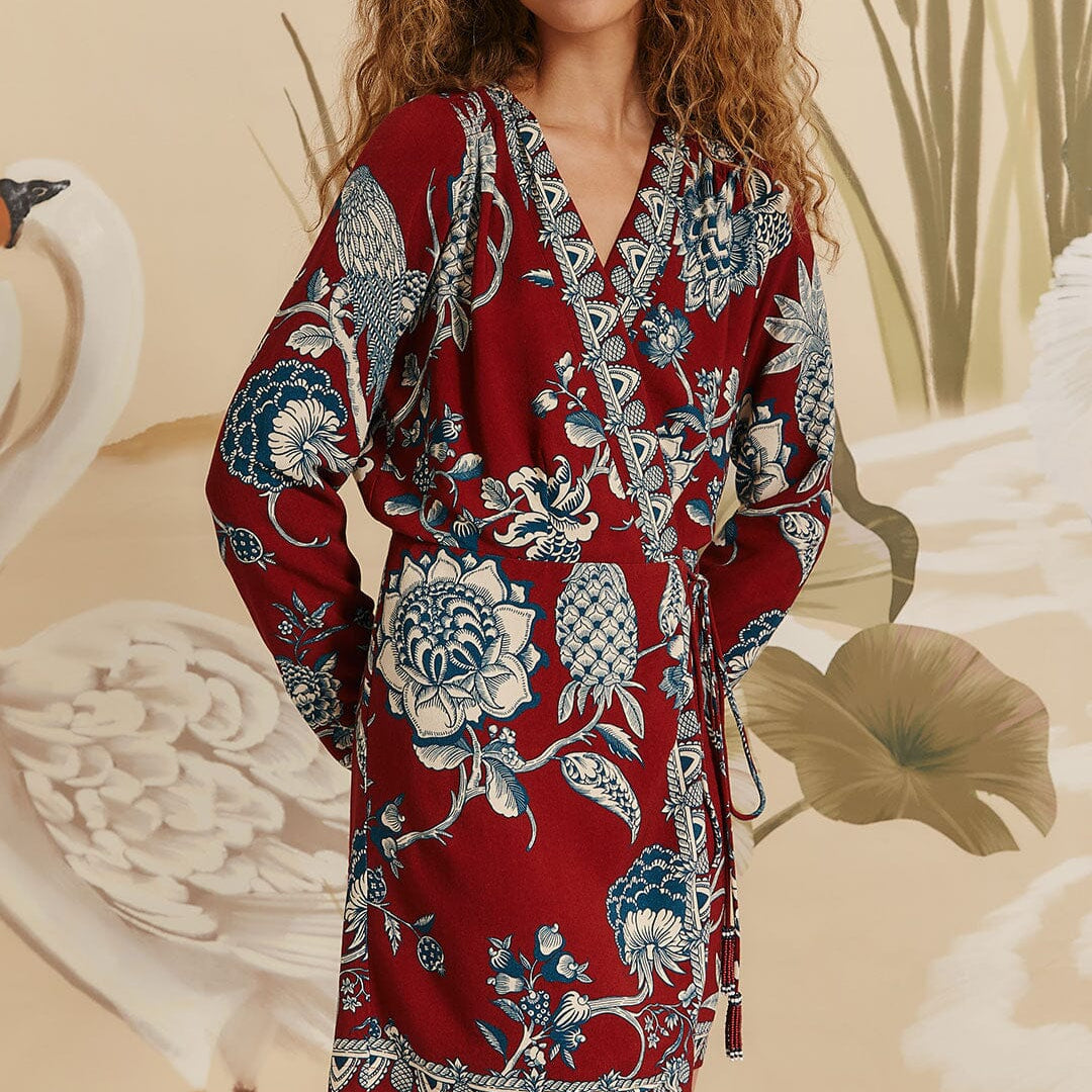 Red Tropical Landing Wrap Mini Dress