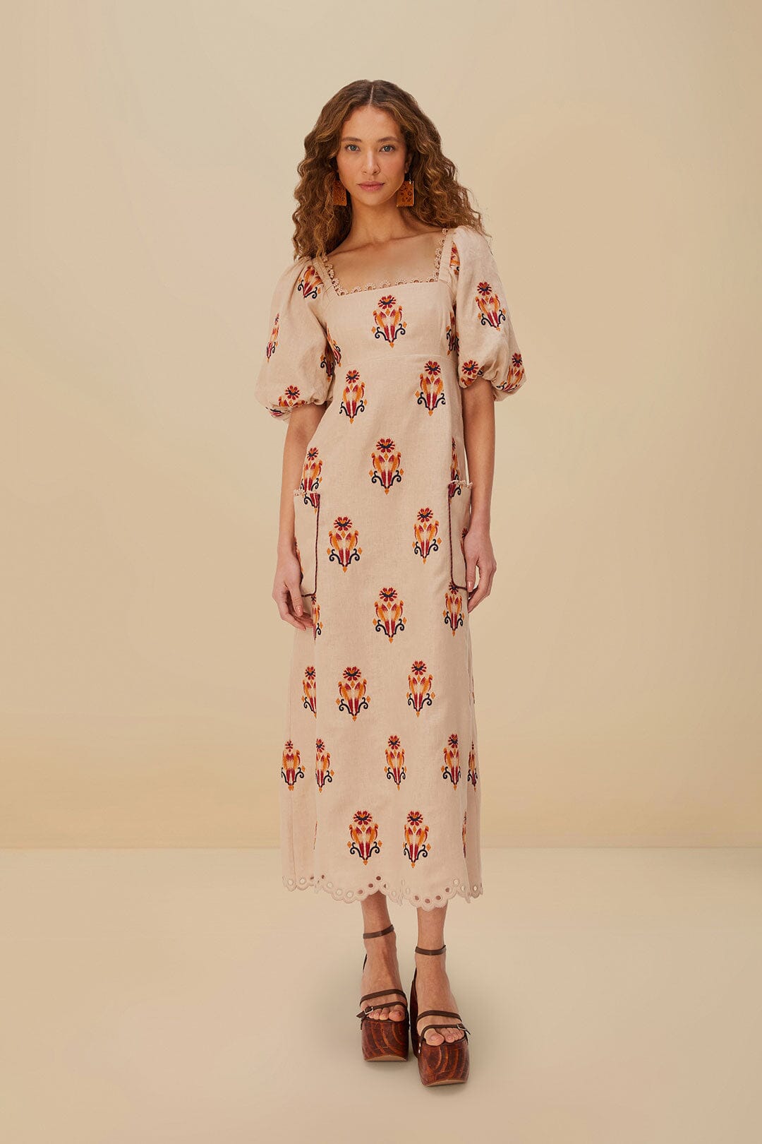 Rose Embroidered Macaw Euroflax™ Premium Linen Maxi Dress
