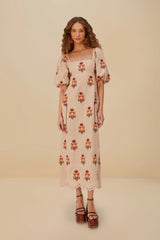 Rose Embroidered Macaw Euroflax™ Premium Linen Maxi Dress