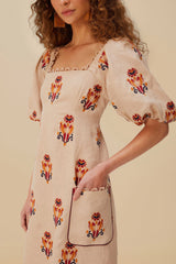 Rose Embroidered Macaw Euroflax™ Premium Linen Maxi Dress