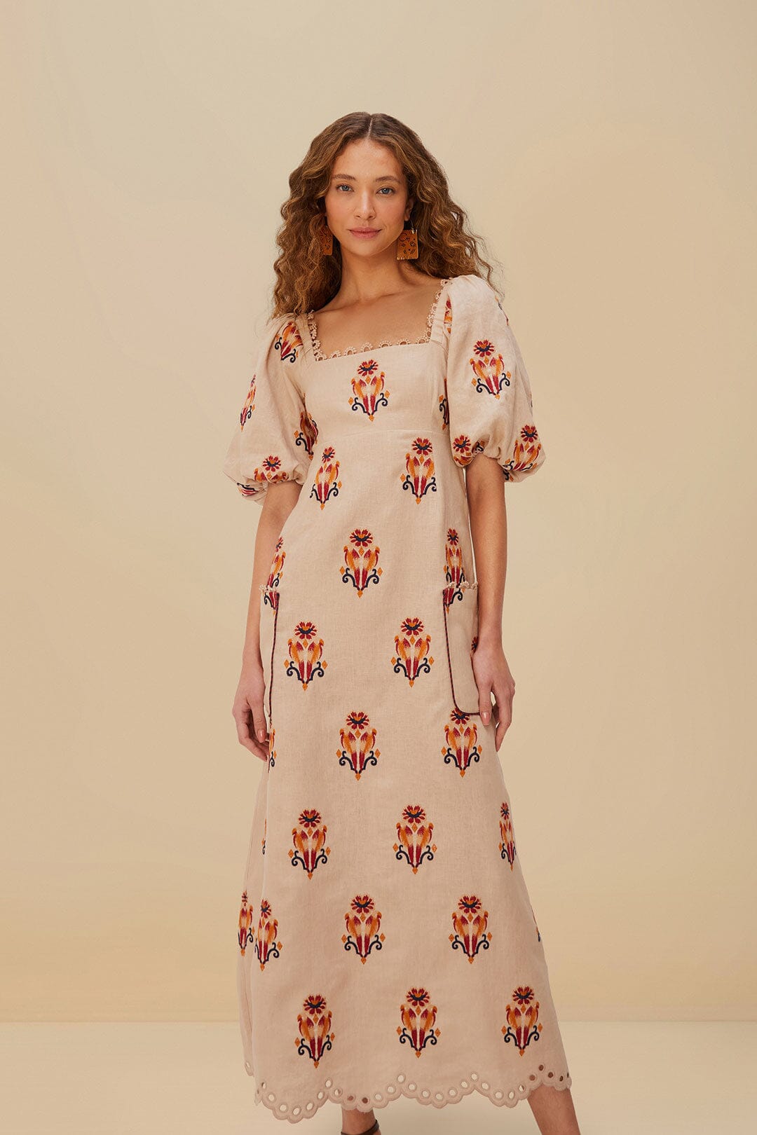 Rose Embroidered Macaw Euroflax™ Premium Linen Maxi Dress