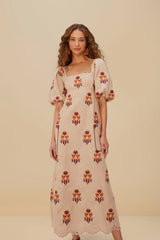 Rose Embroidered Macaw Euroflax™ Premium Linen Maxi Dress