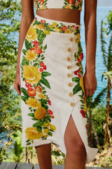 Off-White Picnic Flowers Euroflax™ Premium Linen Viscose Midi Skirt