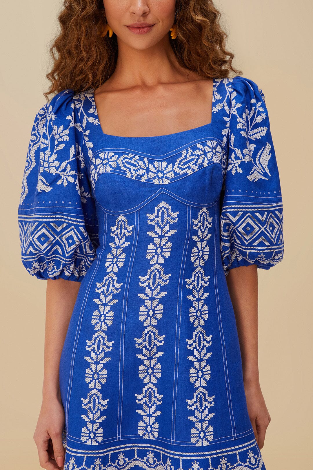 Blue Tropical Cross Stitch Euroflax™ Premium Linen Mini Dress