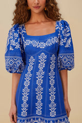 Blue Tropical Cross Stitch Euroflax™ Premium Linen Mini Dress