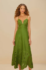 Green Monstera Embroidered Euroflax™ Premium Linen Midi Dress