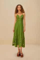 Green Monstera Embroidered Euroflax™ Premium Linen Midi Dress