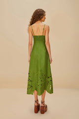 Green Monstera Embroidered Euroflax™ Premium Linen Midi Dress