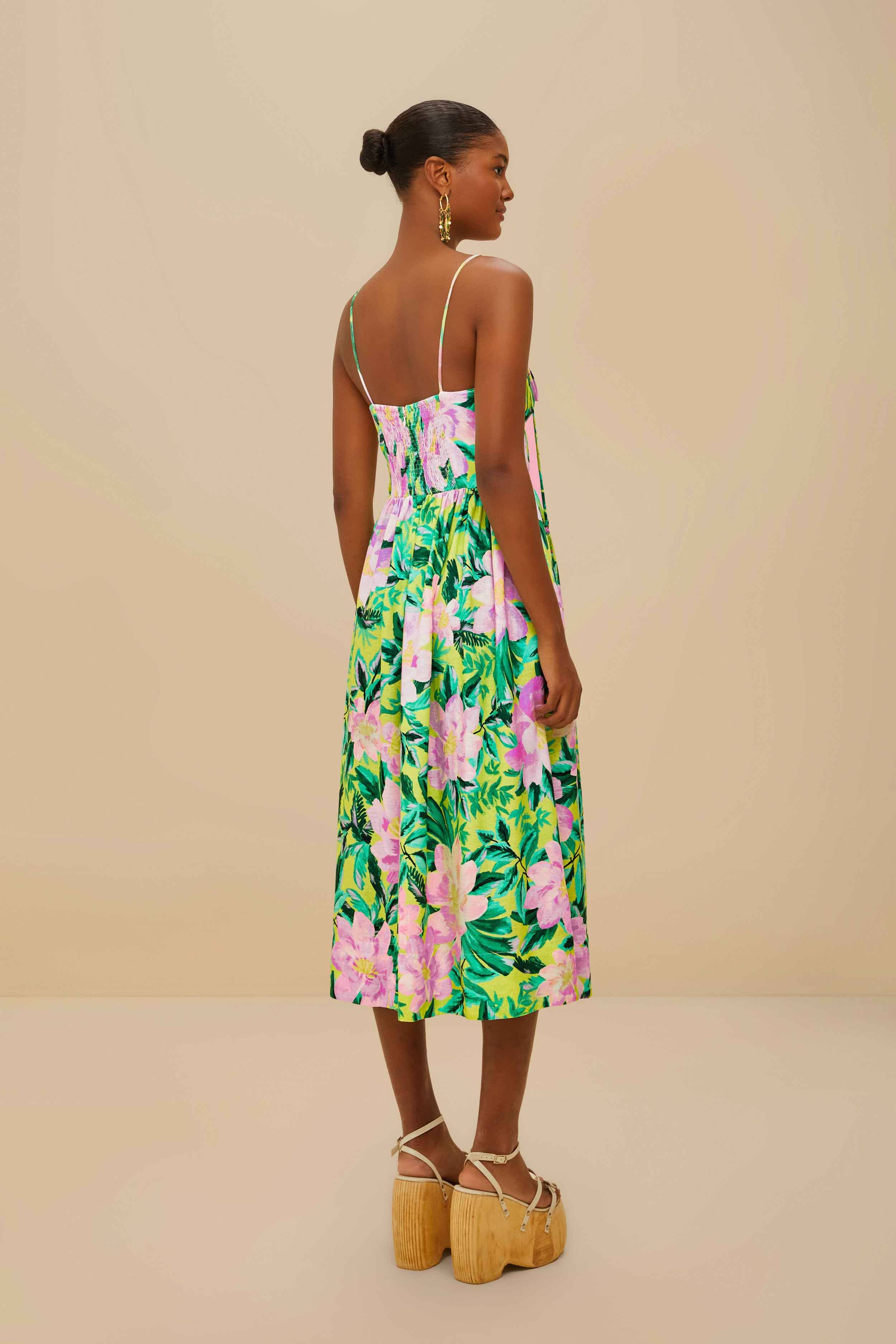 Green Painted Flowers LENZING™ ECOVERO™ Euroflax™ Midi Dress