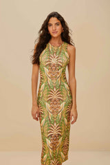Pineapple Tapestry Green Tulle Midi Dress