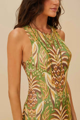 Pineapple Tapestry Green Tulle Midi Dress
