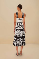 Black And White Summer Cutwork Organic Cotton Midi Dress