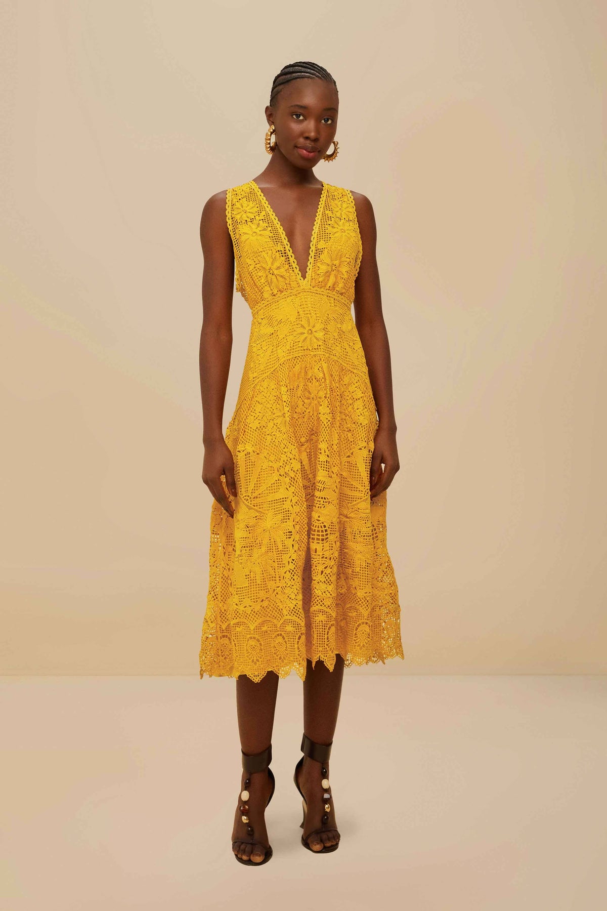 Landscape Guipure Mustard Yellow Midi Dress